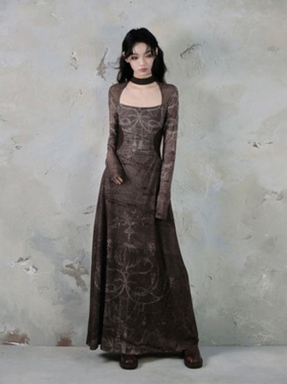 Square Neck Printed Waist Slim Long Dress【s0000004398】