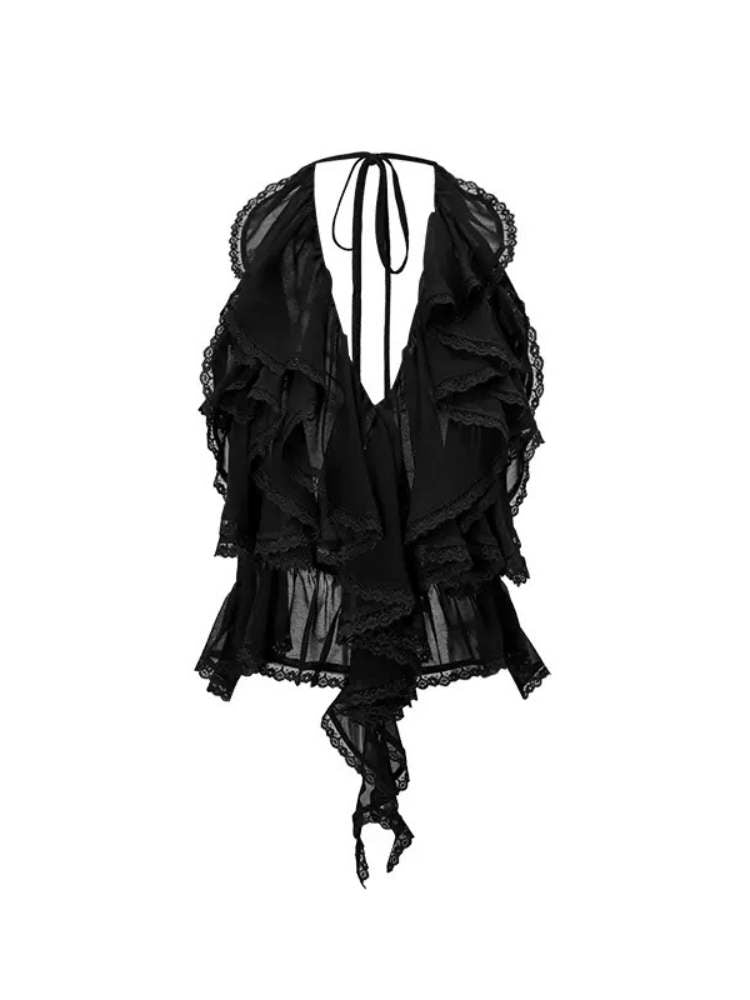 Halter Neck Ruffle Lace Backless Tops【s0000009159】