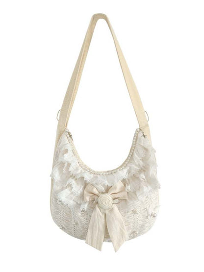 Bead & Butterfly Bowknot Canvas Ruffle Trim Crossbody Bag【s0000008158】