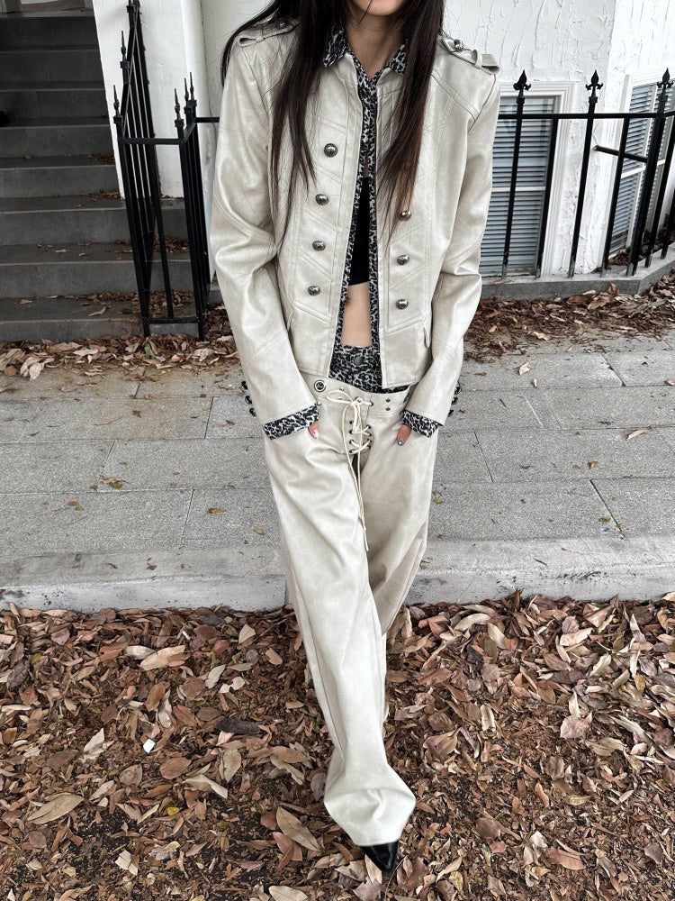 Leopard Pattern Splicing Leather Jacket & Wide Pants【s0000004172】