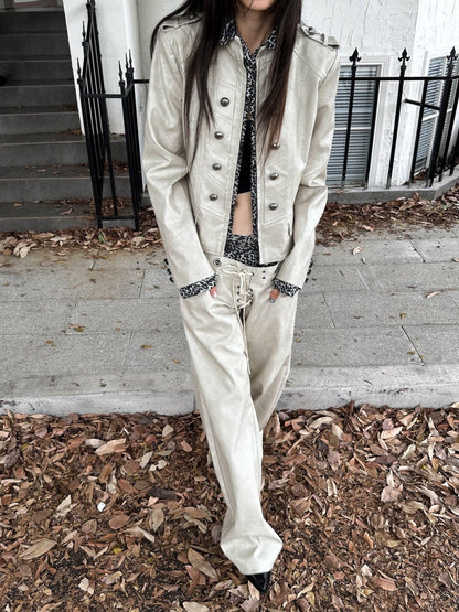 Leopard Pattern Splicing Leather Jacket & Wide Pants【s0000004172】