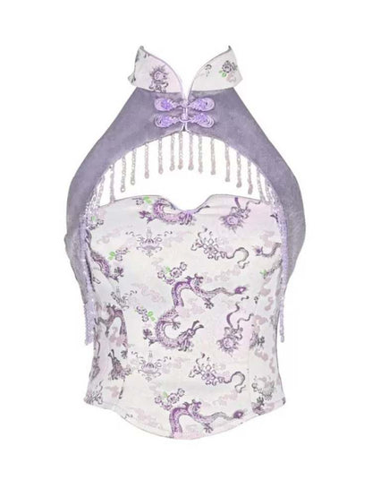 Dragon Pattern Buckle Halter Neck China Dress【s0000009042】