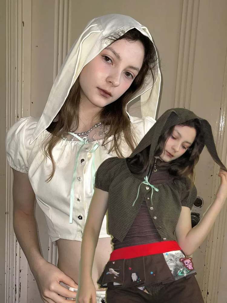 Bunny Ears Hooded Puff Sleeve Short Tops【s0000009033】