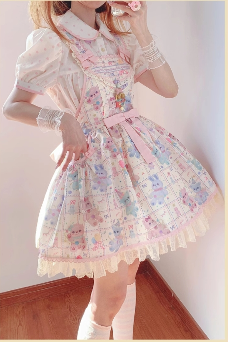 RichLolita - Starry Pudding Bear - Sweet Lolita Jumper Dress Printed OP Dress