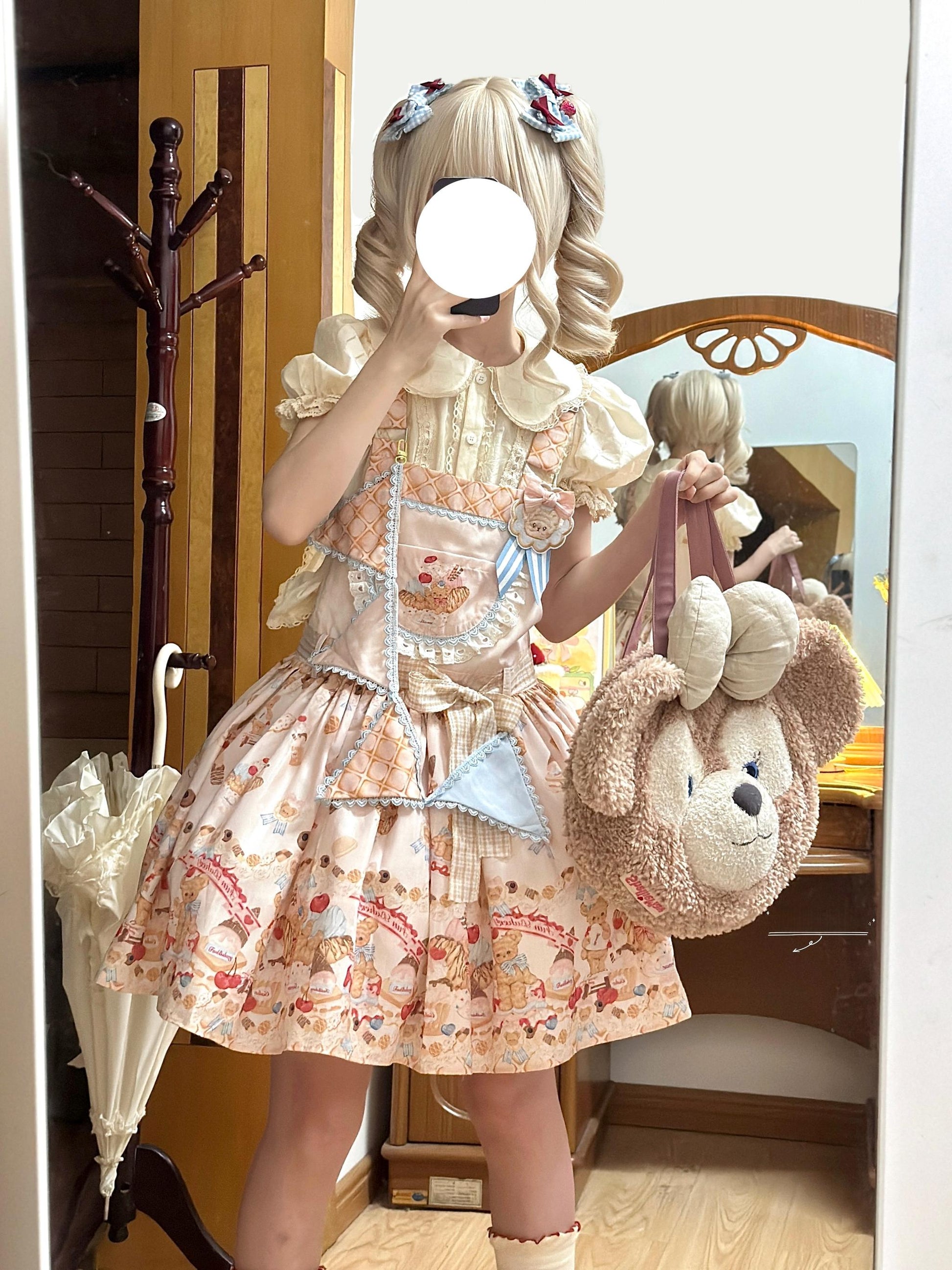 White Tea Story - Little Bear Bonny - Kawaii Lolita Salopette, Bear & Dessert Print