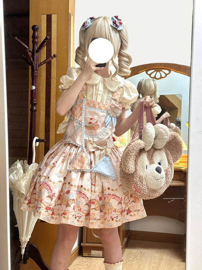White Tea Story - Little Bear Bonny - Kawaii Lolita Salopette, Bear & Dessert Print
