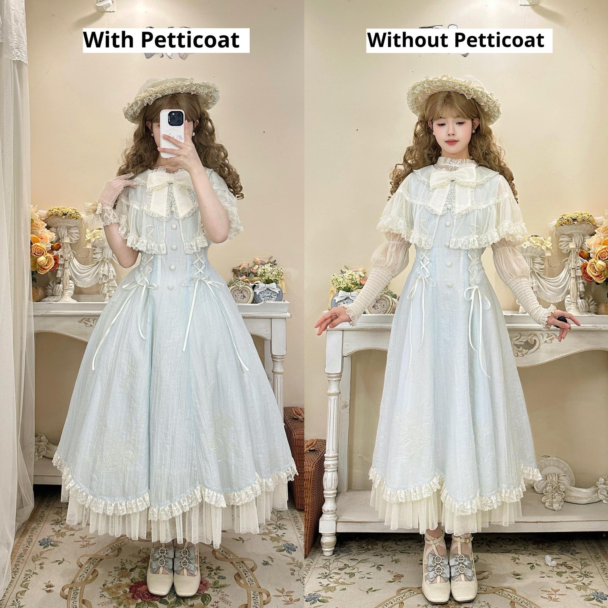 Kuma - Little Wind Chime - Elegant Lolita OP Water Blue Dress With Decorative Tulle Cape