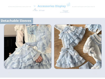 Honey Machine - Blue Whale - Sweet Lolita OP Suit Tiered Ruffle Dress with Shell Lace