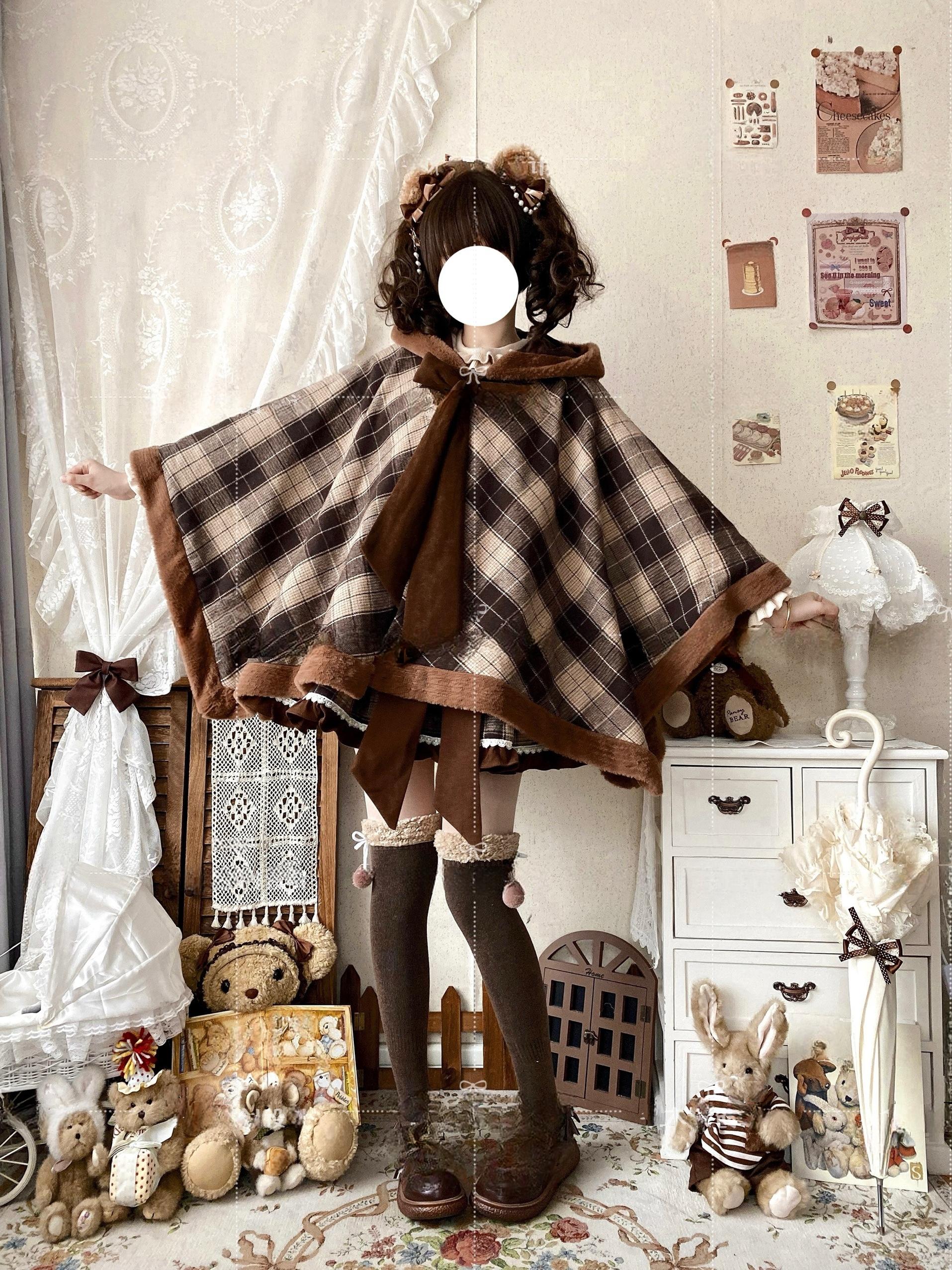Qianmu - Waffle - Kawaii Lolita Cape Daily Lolita Plaid Hoodie Cloak