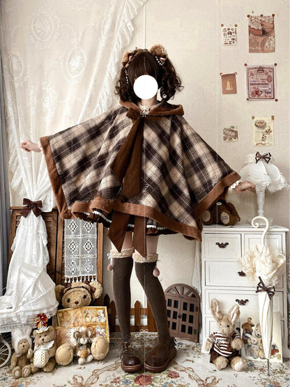 Qianmu - Waffle - Kawaii Lolita Cape Daily Lolita Plaid Hoodie Cloak