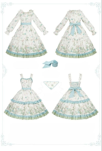 With PUJI - Oriole Time - Country Lolita JSK and OP Dress, Floral and Bird Print