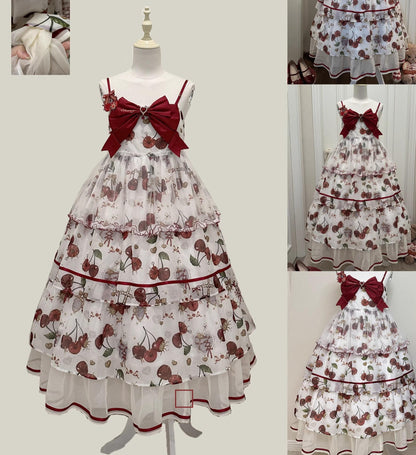 Gloaming - Sweet Lolita Cherry print Short Sleeve OP and SK Set
