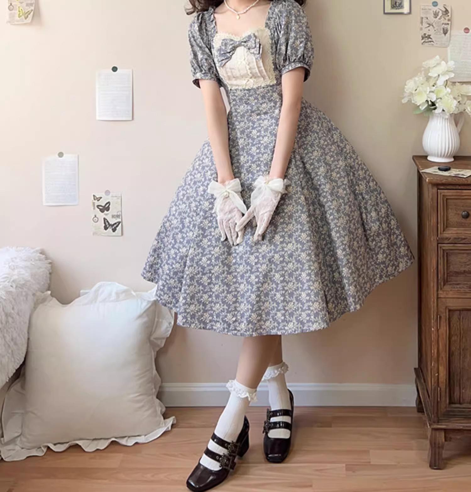 Forest Song - Pastoral Poem - Elegant Lolita OP Dress Floral Print 6-Piece Cut Lolita Dress