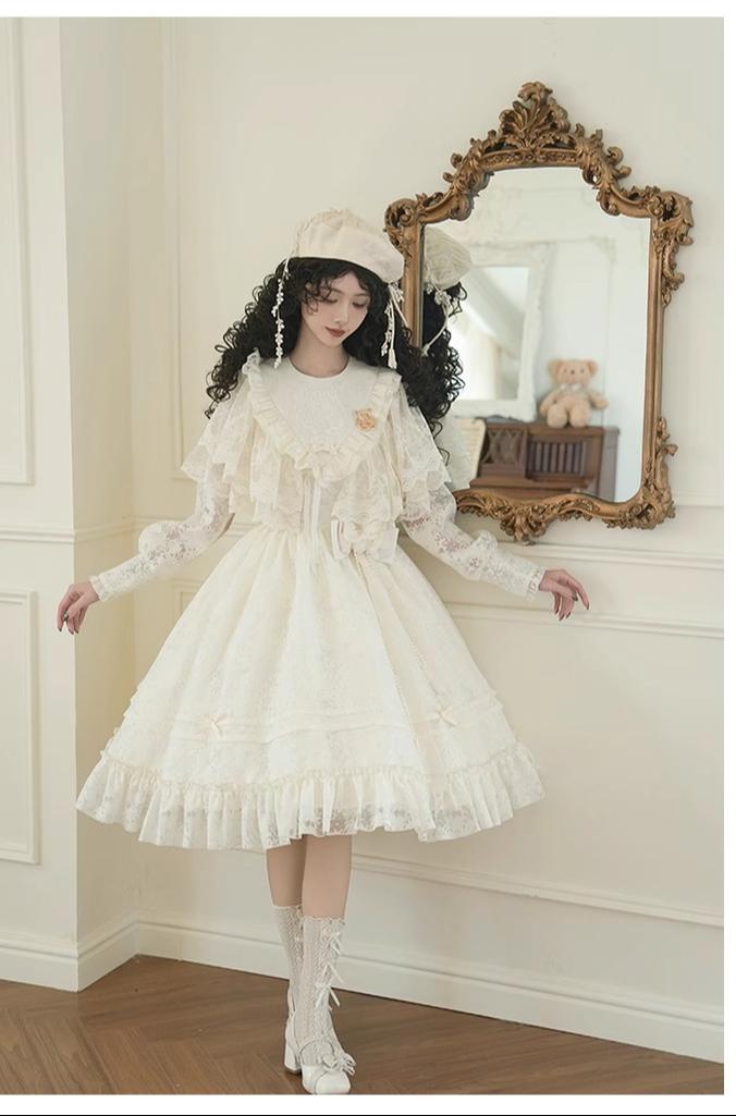 With PUJI - Floral Melody - Ivory Classic Lolita Long Sleeve OP Dress with Layered Bolero