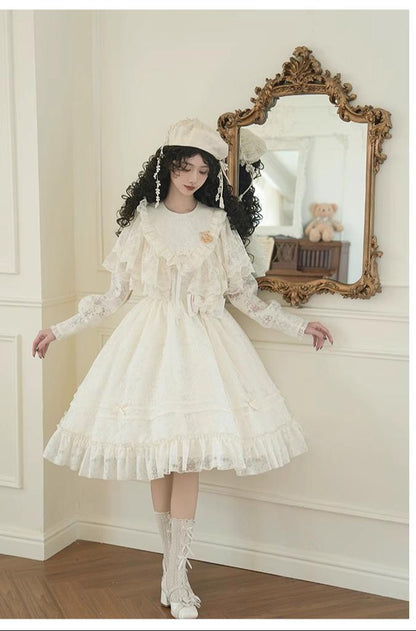 With PUJI - Floral Melody - Ivory Classic Lolita Long Sleeve OP Dress with Layered Bolero