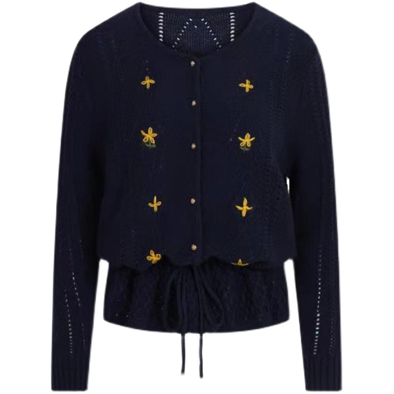 Dark blue floral embroidery knit cardigan