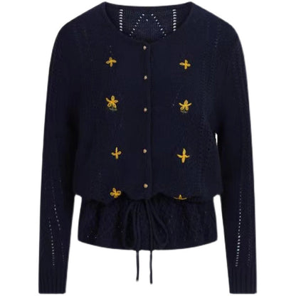 Dark blue floral embroidery knit cardigan