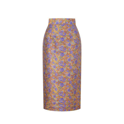 Blue-purple floral jacquard satin skirt