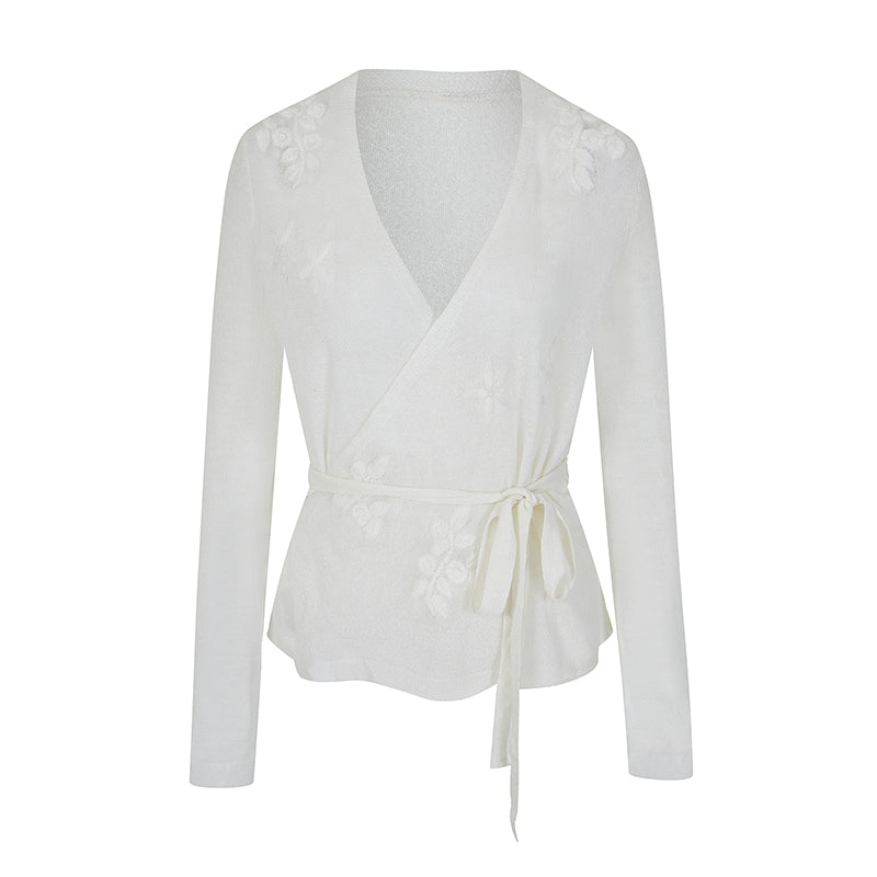 Floral embroidery white knit cardigan