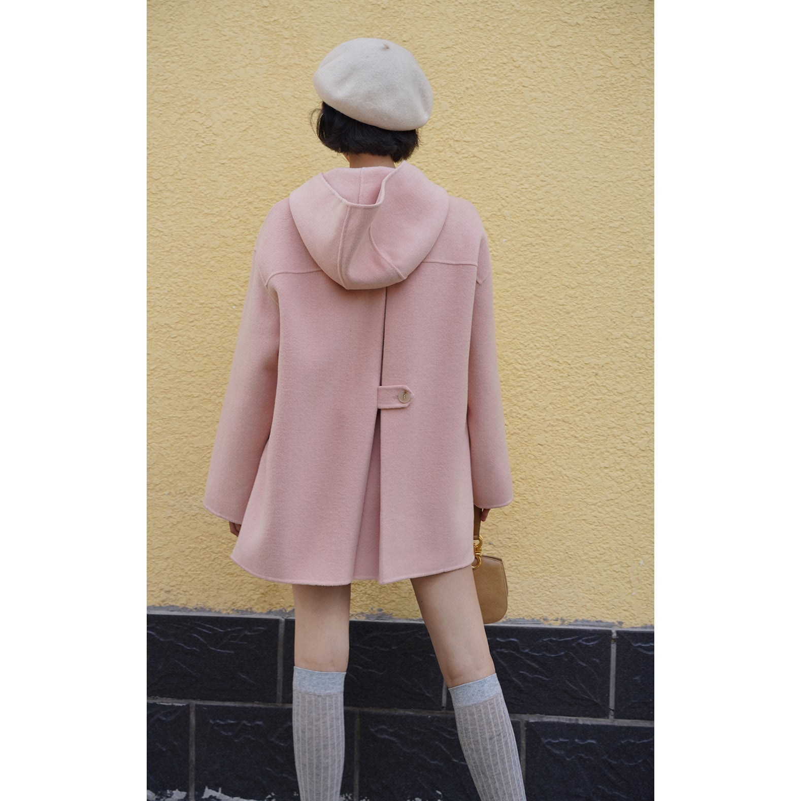 Cherry-colored wool oversized hood coat