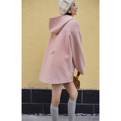 Cherry-colored wool oversized hood coat