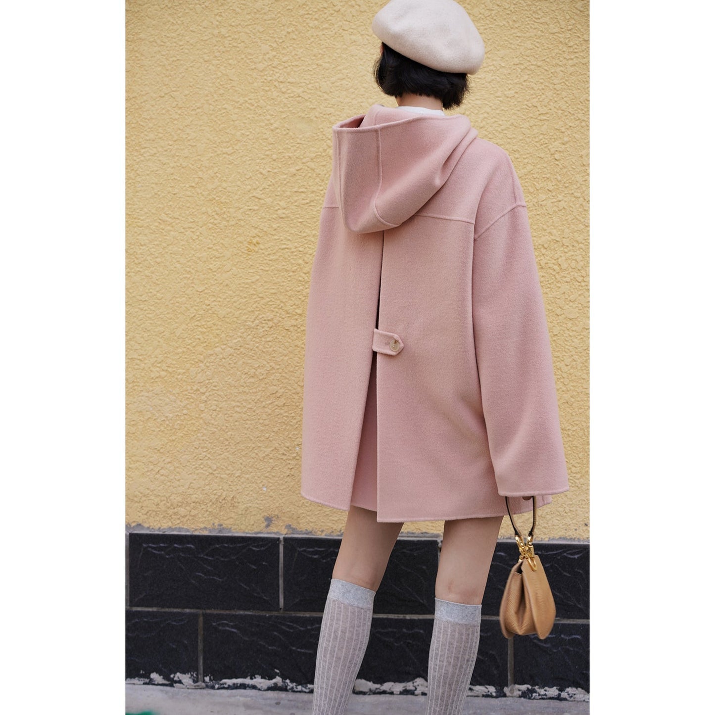 Cherry-colored wool oversized hood coat