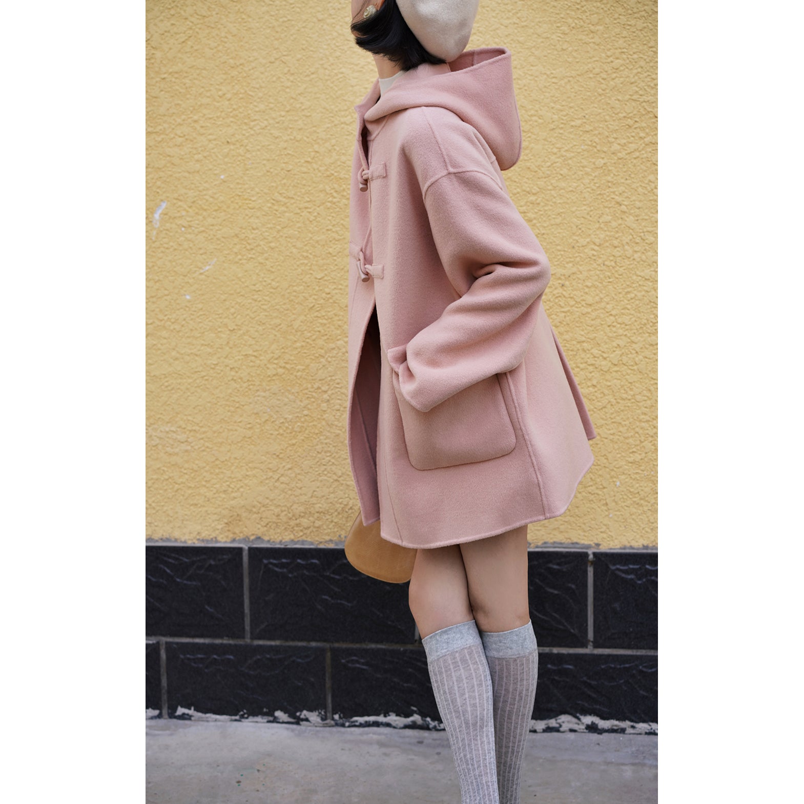 Cherry-colored wool oversized hood coat