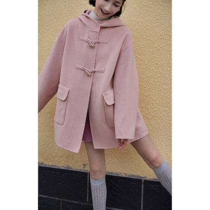 Cherry-colored wool oversized hood coat