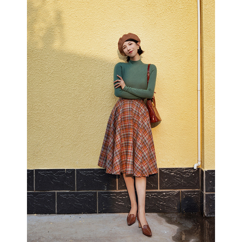 orange green plaid flare skirt