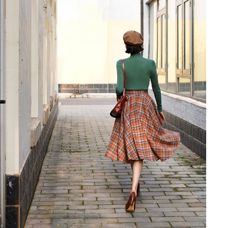 orange green plaid flare skirt