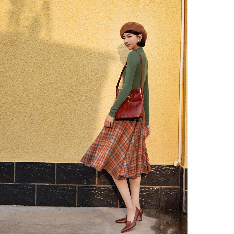 orange green plaid flare skirt