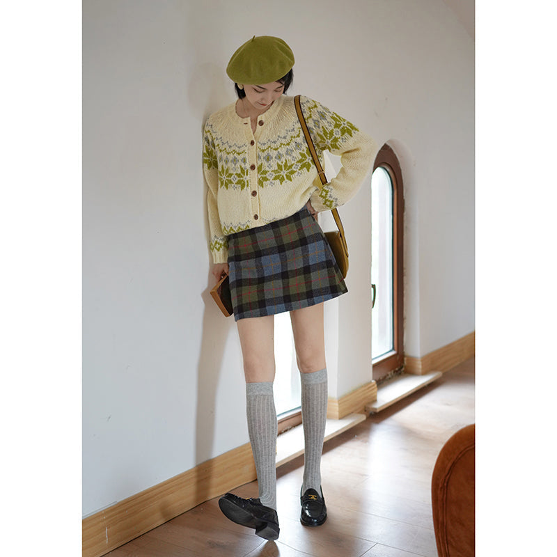 Ink green plaid wool tight skirt