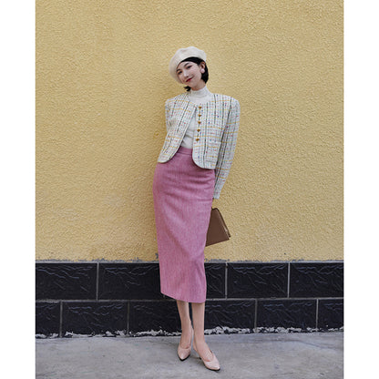 Pale red lady's tweed middle skirt