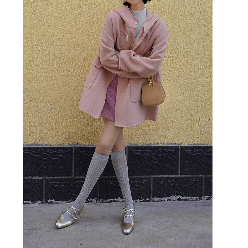 Cherry-colored wool oversized hood coat