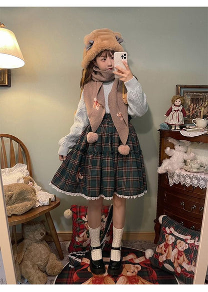 Labeau - Christmas Vintage Lolita Skirts Doll Collar Blouse Plaid Skirt Set