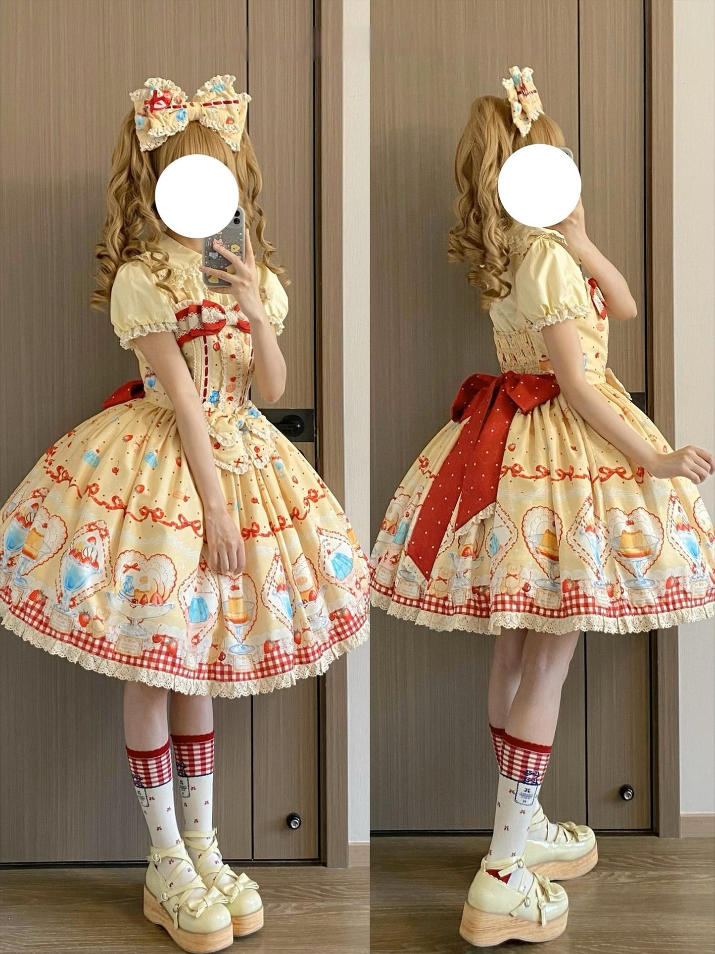 DreamWhale - Showa Dessert Showcase - Kawaii Lolita Dress Suit Pudding-Inspired JSK/Salopette