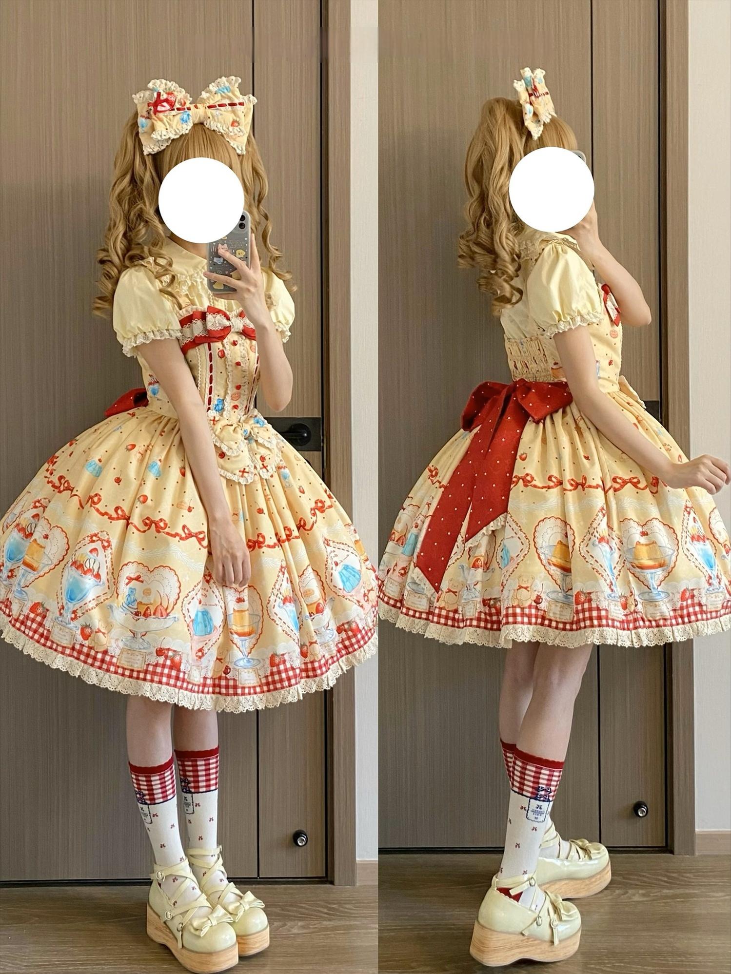 DreamWhale - Showa Dessert Showcase - Kawaii Lolita Dress Suit Pudding-Inspired JSK/Salopette