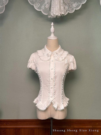 Shuang Sheng Xiao Xiong - Bite The Cake - White Sweet Lolita Blouse, Lace-Up Back