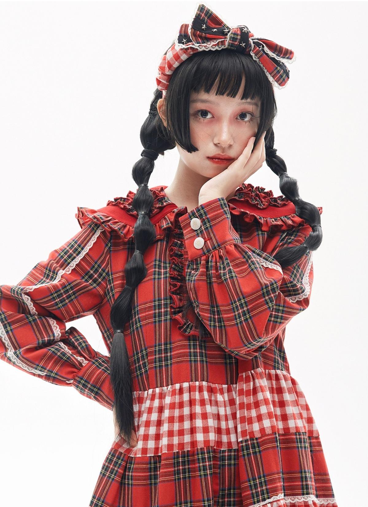 Soso Meme Club - Vintage Lolita OP Dress Red Lolita Plaid Dress for Spring Summer
