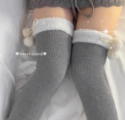 Roji Roji - Winter Fuzzy Ball Lolita Socks Over Knee Thick Socks