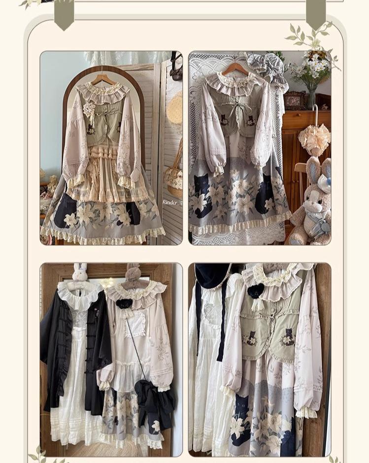 Akiyama Future Studio - Black Cat and Lily - Loose Kawaii Lolita OP Dress with Vest and Hat