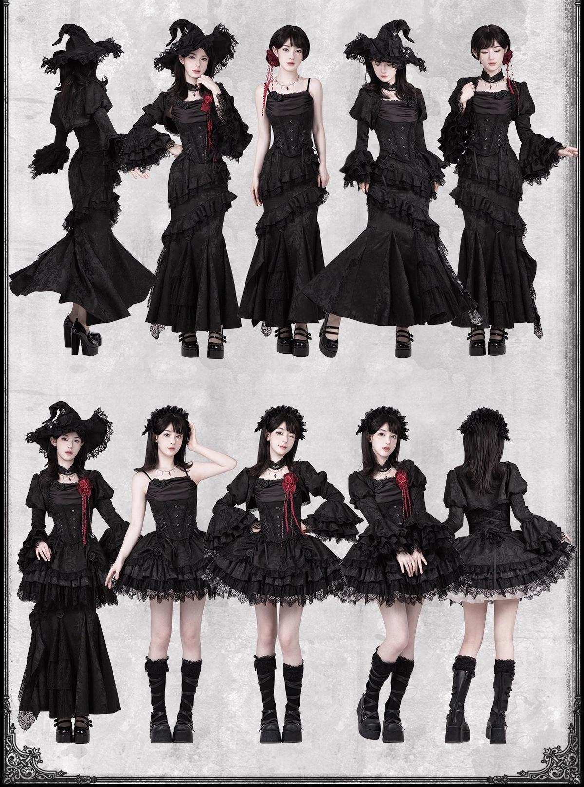 With PUJI - Letter and Poetry ﾂｷ Twilight - Black Gothic Lolita Skirt Set, Witch-Inspired