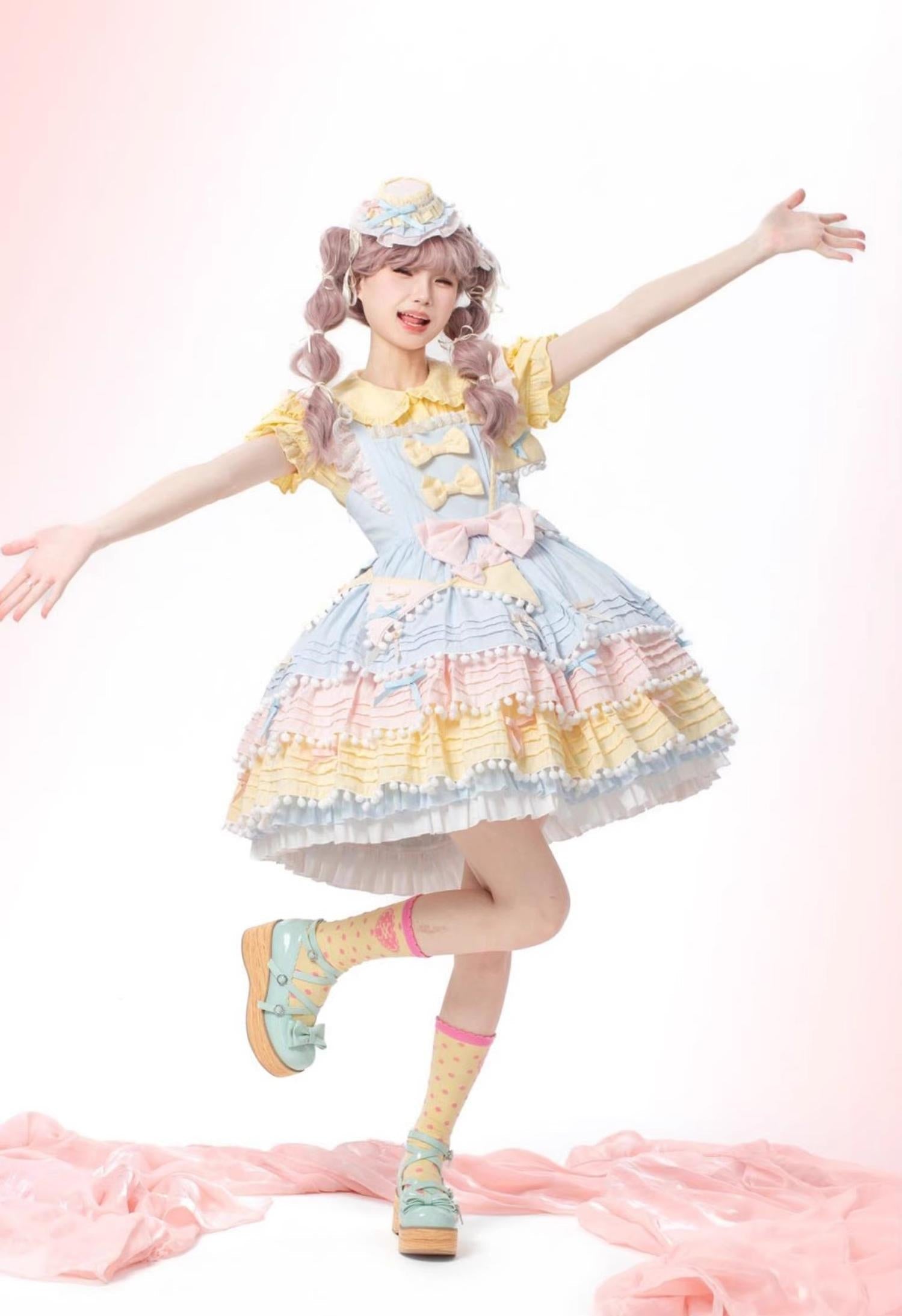 Chubby Cat Diary - Sweetheart Macarons - Sweet Lolita JSK Dress, Pom-pom Accents