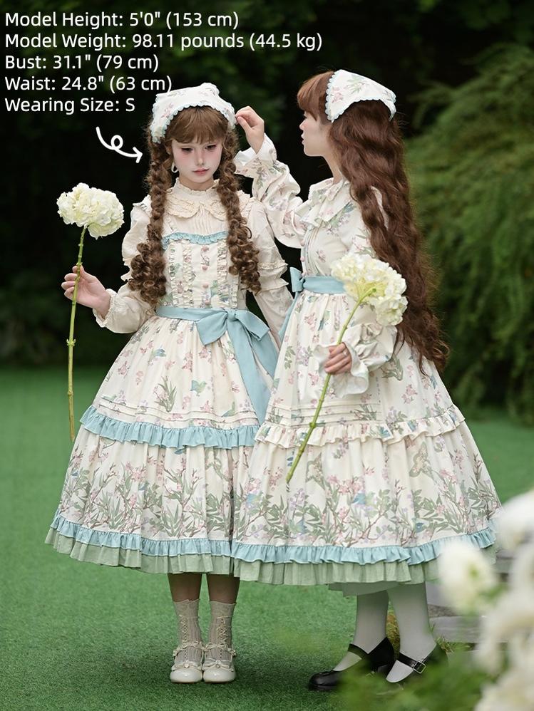 With PUJI - Oriole Time - Country Lolita JSK and OP Dress, Floral and Bird Print