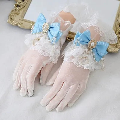 Xiaogui - Vintage Lolita Gloves Lace Bow Bead Chain Sunscreen Gloves