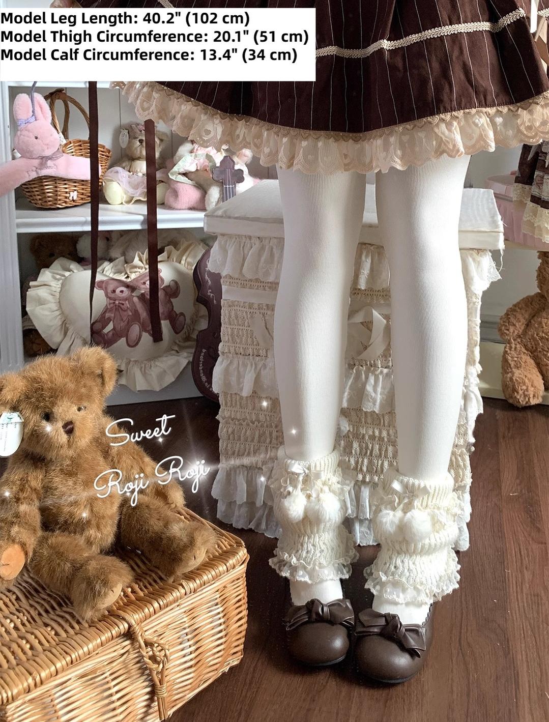 Roji Roji - Kawaii Lolita Wool Leg Warmers, Pom-Pom Accented Bow