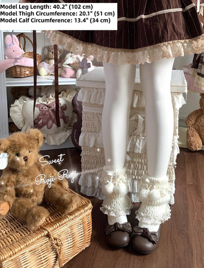 Roji Roji - Kawaii Lolita Wool Leg Warmers, Pom-Pom Accented Bow