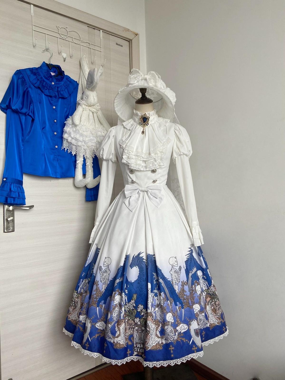 Nn Star - Dragonbone Lily - Dragon Skeleton Print Gothic Lolita Bust-supporting JSK and BNT