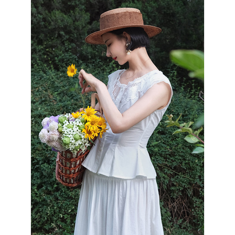 Pure white embroidered flare French blouse