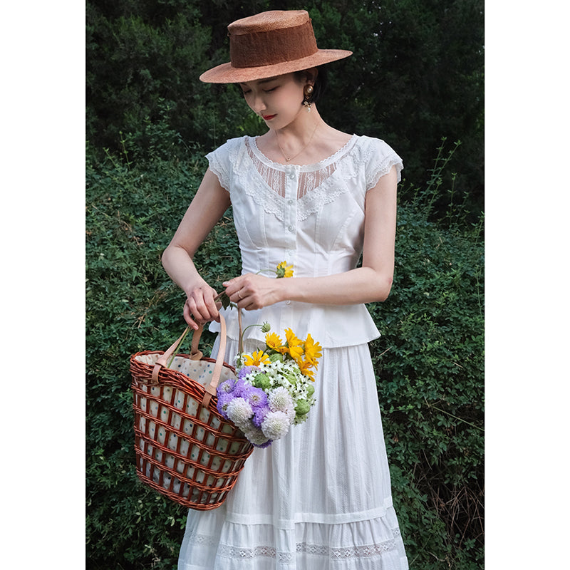 Pure white embroidered flare French blouse